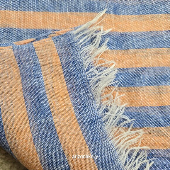 Puro Lino Linen Scarf Blue and Peach Stripe - Picture 2 of 8
